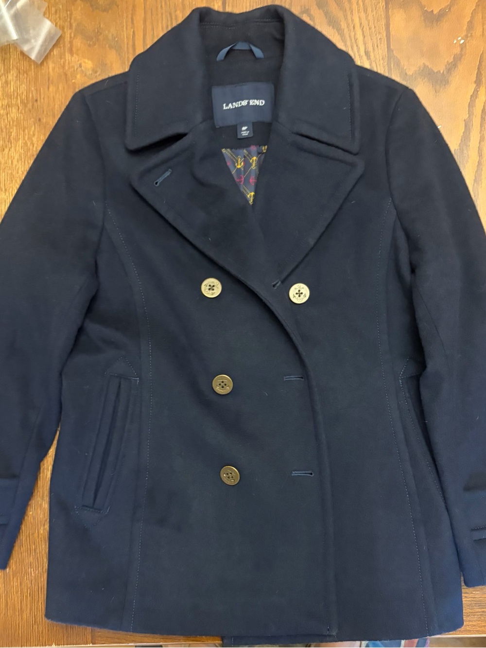 Lands End Classic Double Breasted Navy Wool Pea Coat Sz 8 Petite
